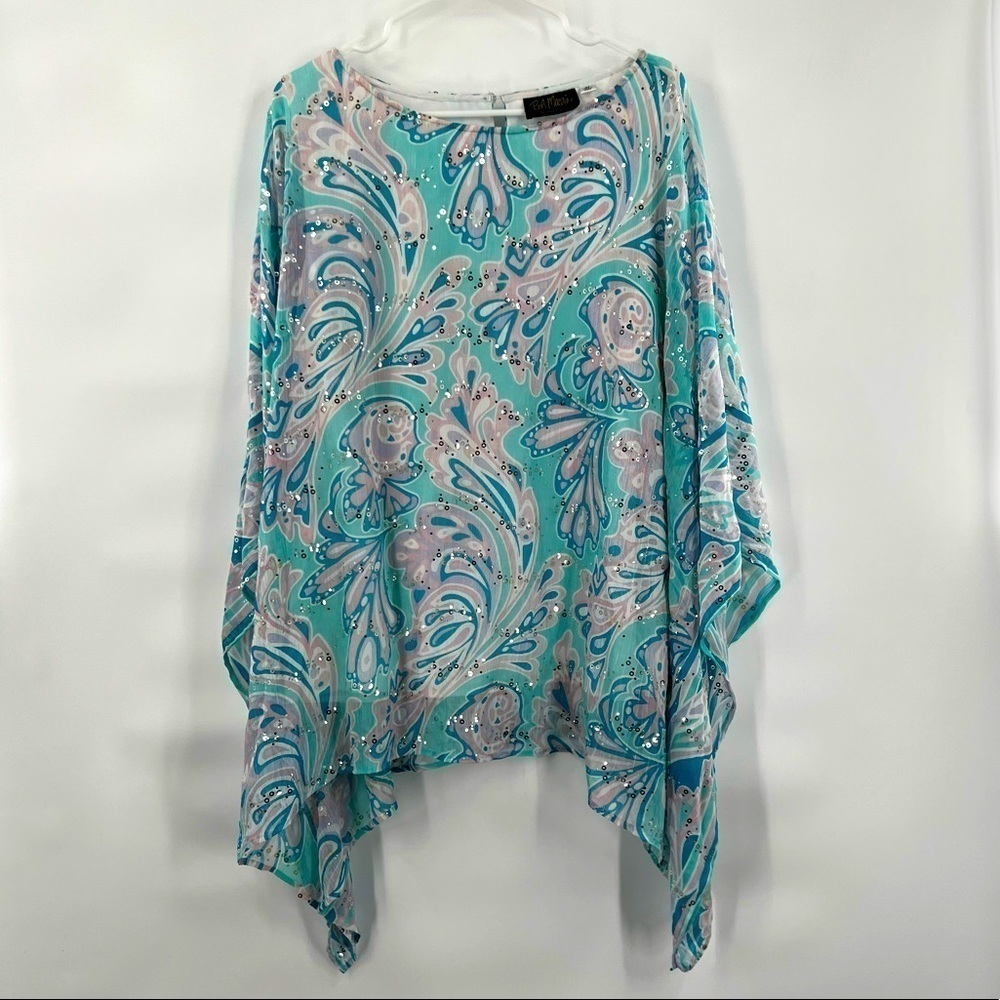 Bob Mackie blue abstract paisley blouse top size M